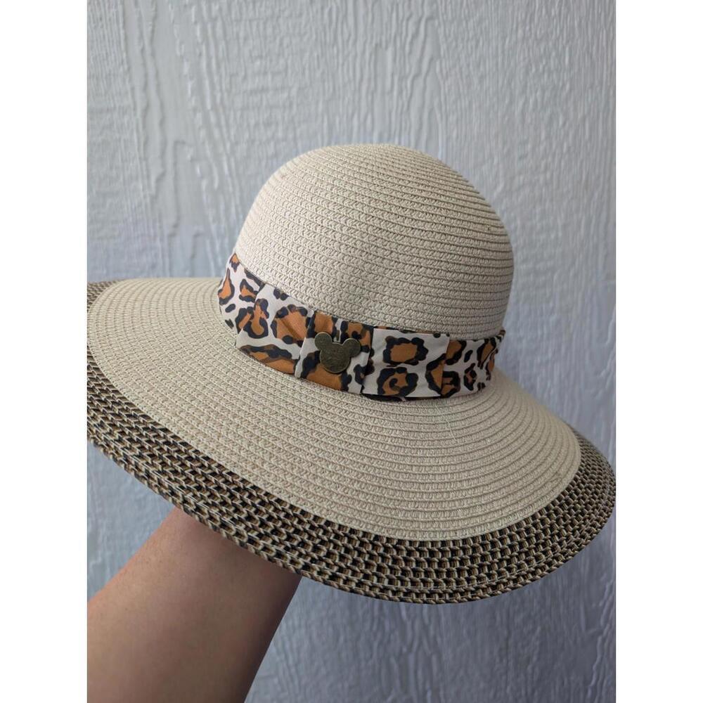 Disney Parks Wide Brim Straw Hat Adult Leopard Print Band & Mickey Icon